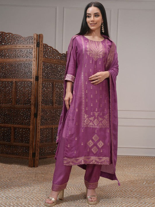 Vishudh Women Ethnic Motifs Woven Design Regular Kurta With Trousers Dupatta