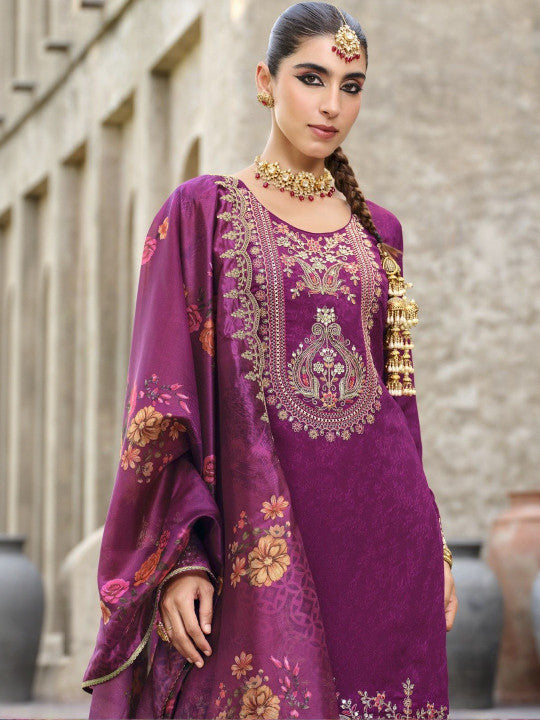 AUTUMN LANE Women Ethnic Motifs Embroidered Sequinned Cotton Kurta Set With Dupatta