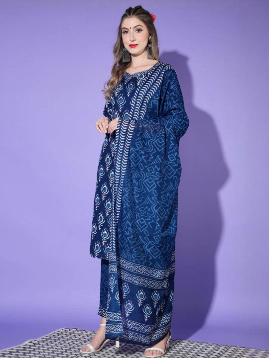 Ethnic basket Women Blue Cotton Blend Kurta Sets With Dupatta