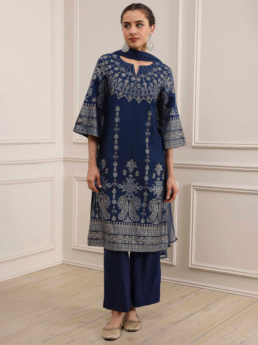 Biba Ethnic Motifs Printed Notch Neck Straight Kurta With Palazzos & Dupatta