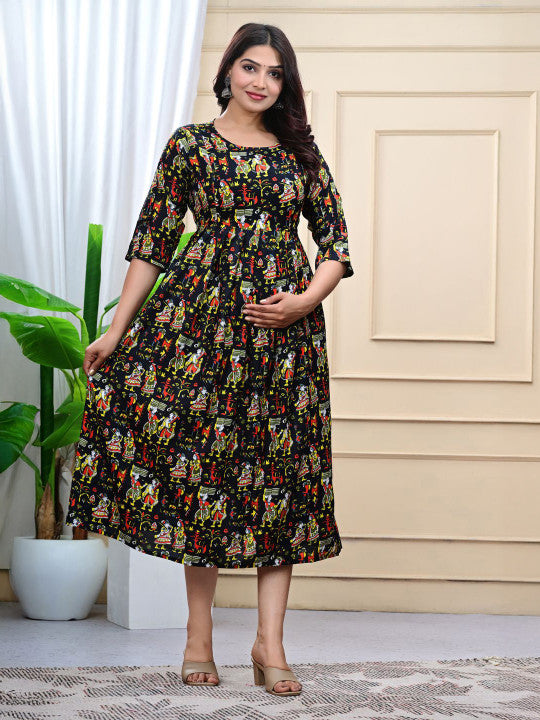 WE PERFECT Ethnic Motifs Printed Pure Cotton Round Neck Maternity A-Line Ethnic Dress