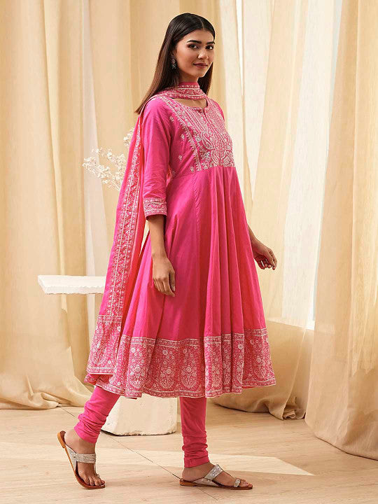 Biba Women Floral Embroidered Regular Thread Work Pure Cotton Kurta with Churidar & With Dupatta