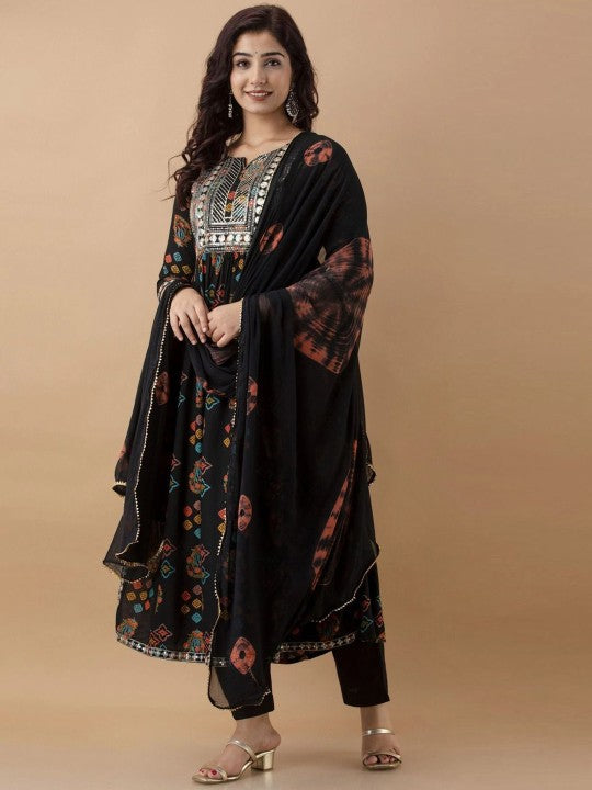 Anushansa Floral Printed Notch Neck Sequinned Straight Kurta