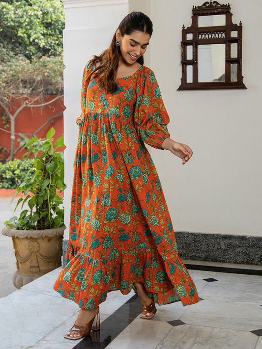 Janasya Floral Printed Pure Cotton Gathered Ethnic Dress
