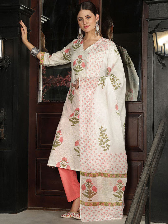 Taavi Floral Hand Block Print V-Neck Pure Cotton Kurta With Trousers & Dupatta