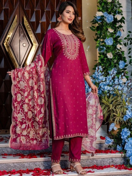 AUTUMN LANE Ethnic Motifs Embroidered Sequinned Pure Cotton Kurta with Trousers & Dupatta