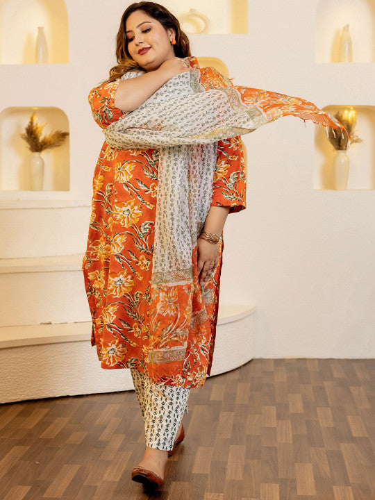Floral Printed Sequinned Pure Cotton Kurta with Trouser & Dupatta