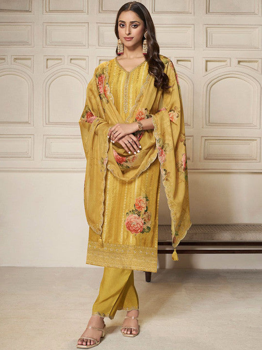 Floral Woven Design Jacquard V-Neck Pure Silk Kurta with Trousers & Dupatta