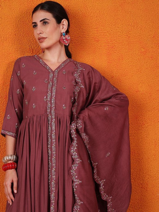 DIVASTRI Floral Yoke Design Regular Pure Silk Anarkali Kurta