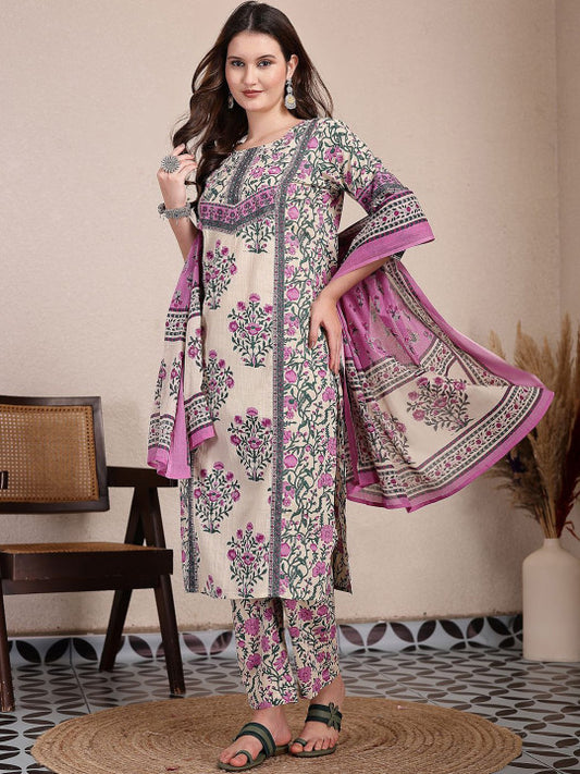 Yufta Women Floral Embroidered Regular Sequinned Pure Cotton Kurta with Trousers & With Dupatta