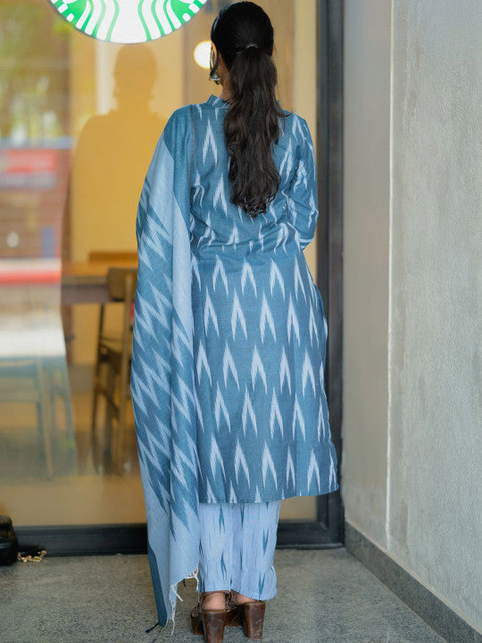 Vastara the Label Women Blue Handloom Ikkat Cotton Suit Set