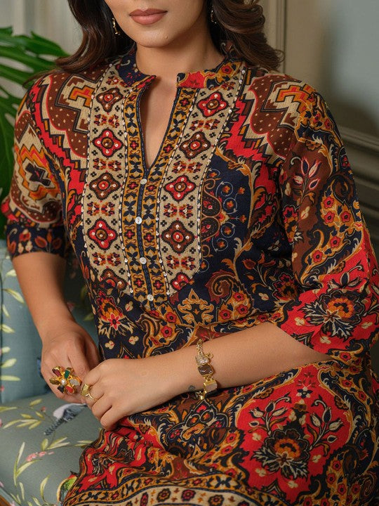 AUTUMN LANE Tashvika Lava Printed Mandarin Collar Pure Cotton Tunic With Palazzo Co-Ords