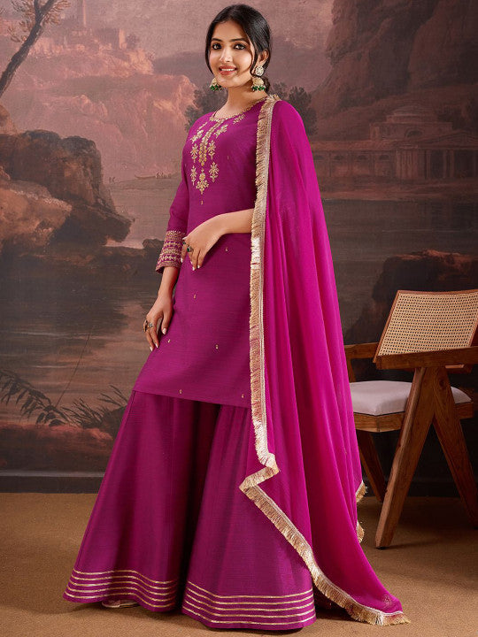 House of Pataudi Floral Embroidered Straight Kurta & Sharara with Dupatta