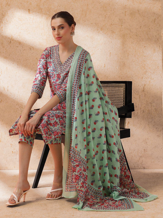 STYLEBAAZI Embroidered V-Neck Sequinned Pure Cotton Straight Kurta With Trouser & Dupatta