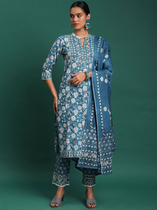Floral Printed Pure cotton Mandarin Collar Straight Kurta With Trouser & Dupatta