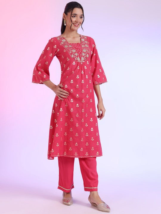 AURELIA Floral Embroidered Sequnnied A-Line Kurta With Palazzos And Dupatta