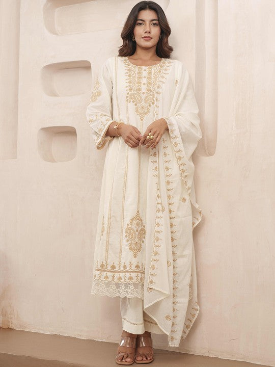 House of Pataudi Floral Embroidered Pure Cotton Kurta & Trousers With Dupatta