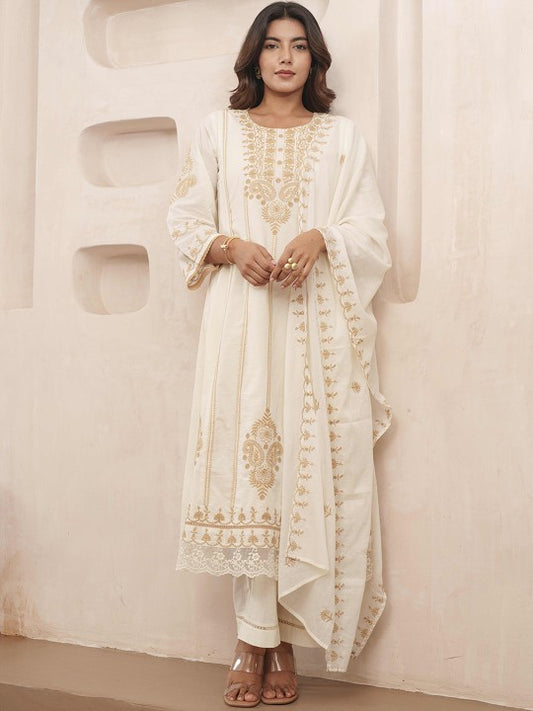 House of Pataudi Floral Embroidered Pure Cotton Kurta & Trousers With Dupatta