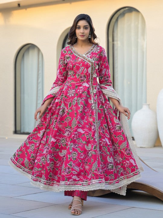 all about you Floral Printed V-Neck Pure Cotton Anarkali Kurta With Trousers & Dupatta