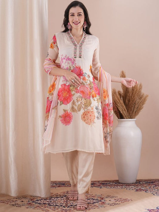 FASHOR V-Neck Floral Printed Straight Kurta