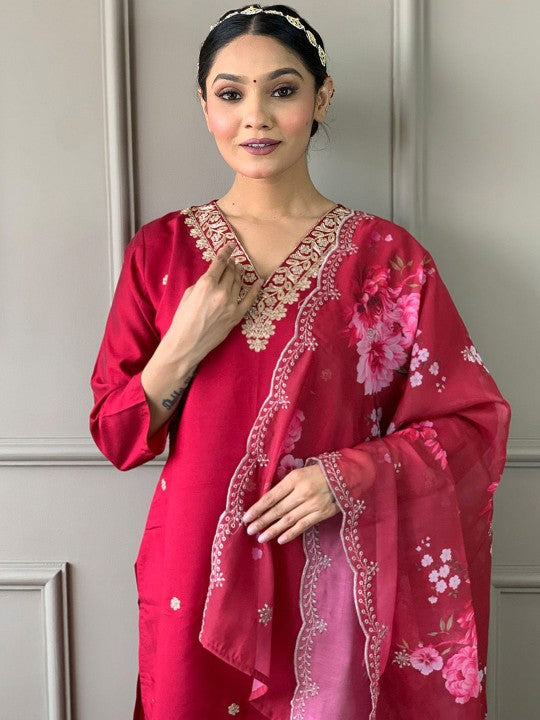 Ishin Floral Embroidered Thread Work Straight Kurta with Trouser & Dupatta