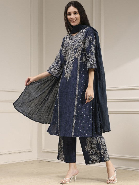 Biba Women Ethnic Motifs Embroidered Cotton Kurta with Trouser & Dupatta