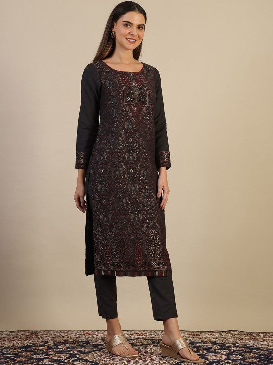 AURELIA Floral Woven Design Round Neck Straight Kurta