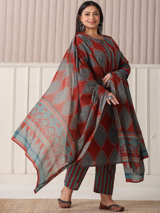 Yufta Plus Size Ethnic Motifs Printed Pure Cotton Straight Kurta With Trousers And Dupatta