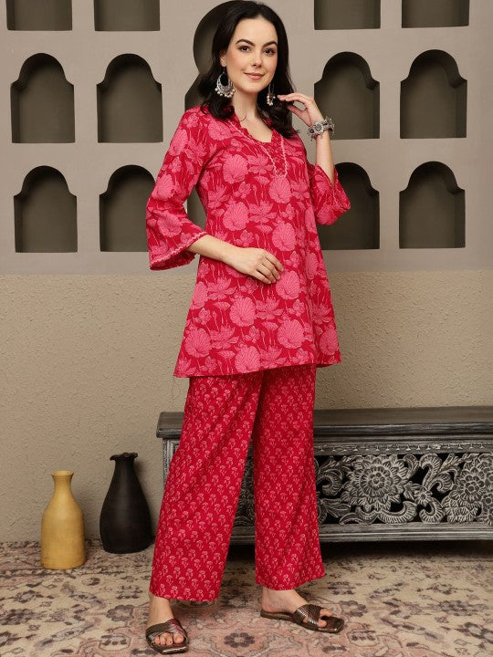 BANDIA Women Floral Printed Top With Trousers Co-Ords