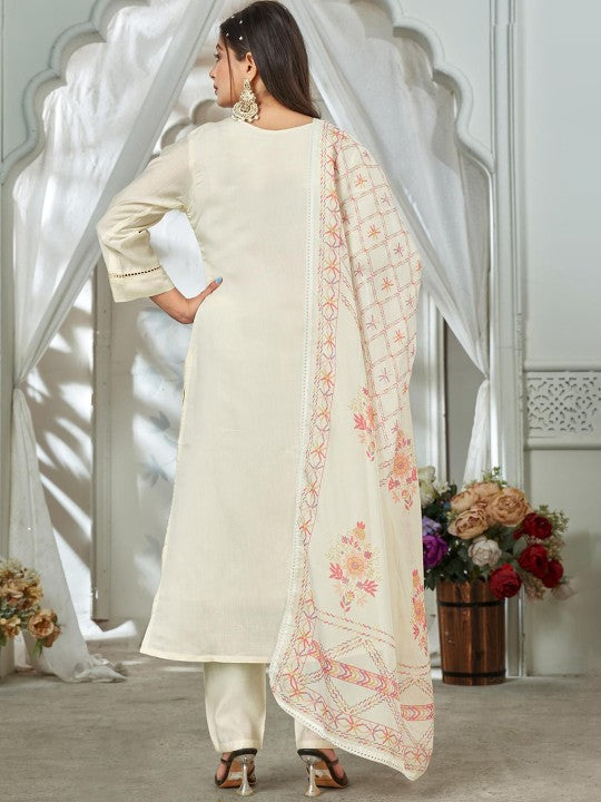FASHION STROM Floral Yoke Design Thread Work Straight Kurta With Trousers & Dupatta