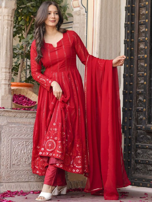 Vama Heritage Floral Embroidered Regular Mirror Work Georgette Kurta