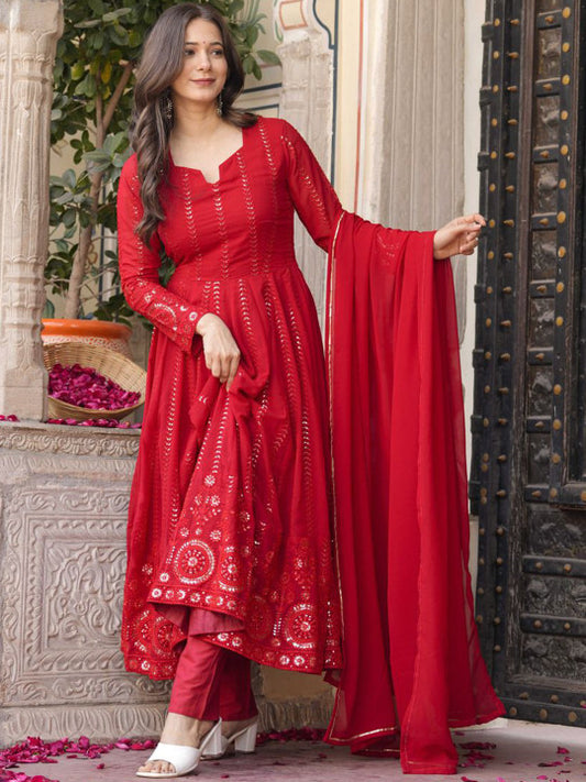 Vama Heritage Floral Embroidered Regular Mirror Work Georgette Kurta & Trouser & Dupatta
