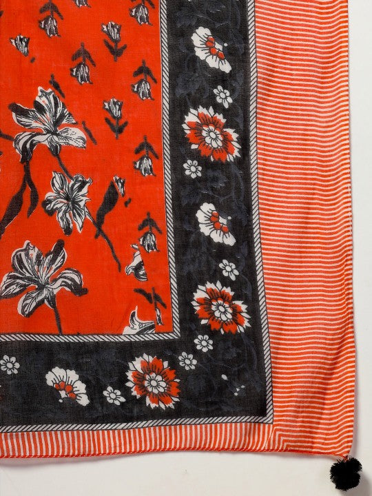 Floral Printed Thread Work Pure Cotton Anarkali Kurta with Trouser & Dupatta