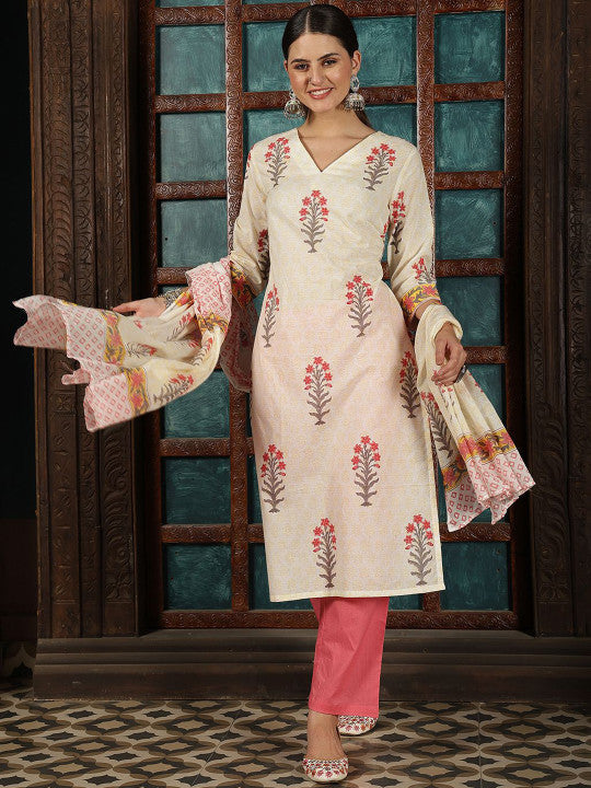 Taavi Floral Hand Block Print Pure Cotton V Neck Straight Kurta With Trousers & Dupatta