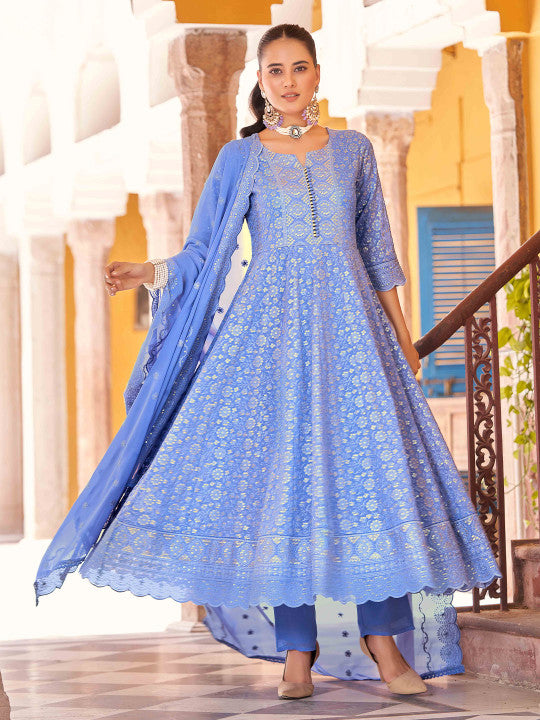 House of Pataudi Chikankari Embroidered Kurta with Trousers & Embroidered Dupatta