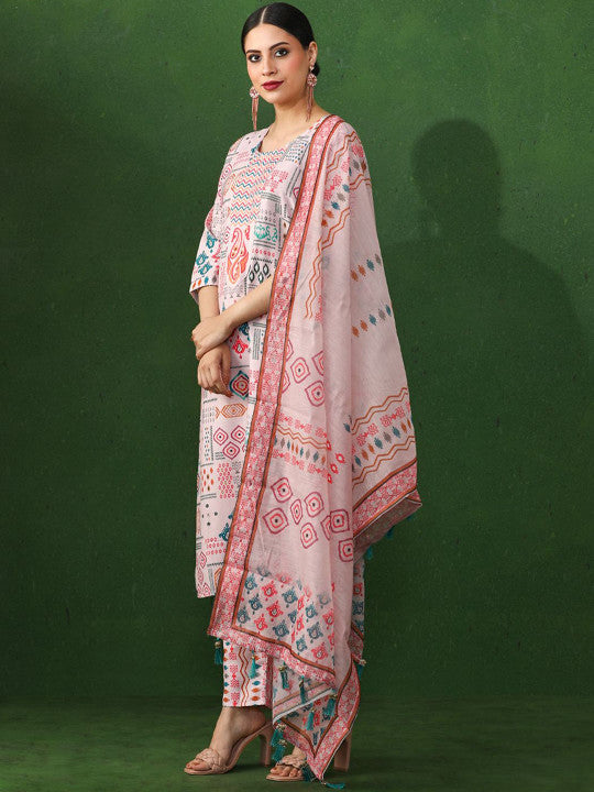 Jaipur Kurti Geometric Printed Pure Cotton Straight Kurta With Trousers & Dupatta