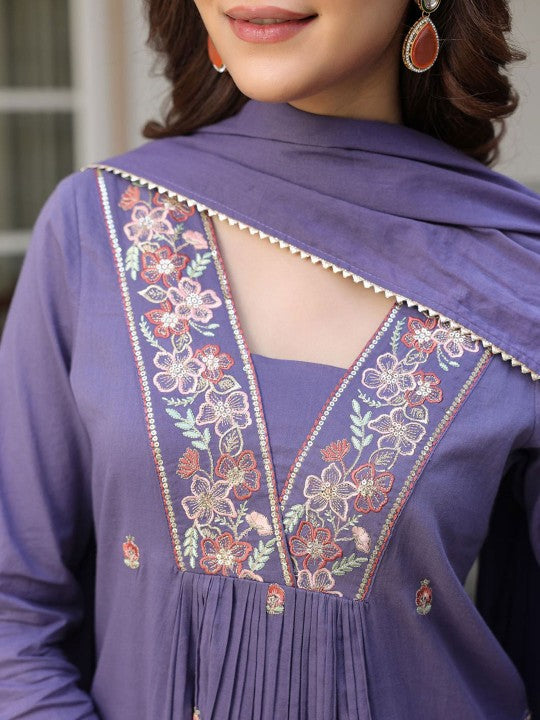 Women Floral Embroidered Pleated Sequinned Pure Cotton Kurta