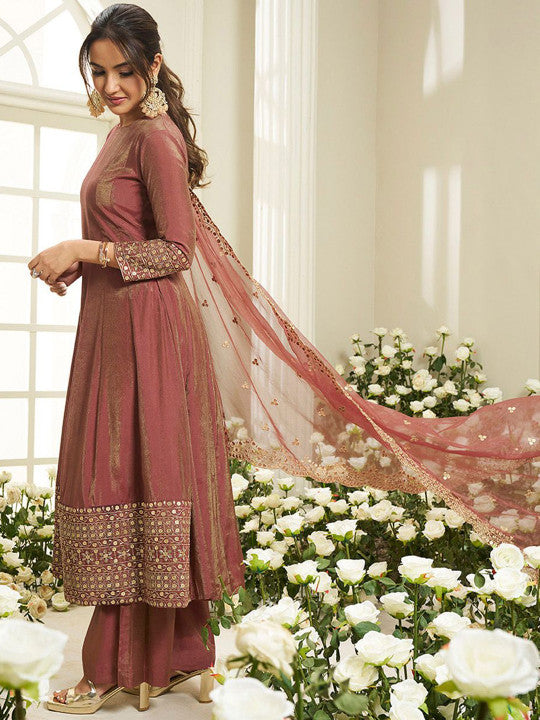 Inddus Floral Yoke Design Sequinned Anarkali Kurta With Palazzos & Dupatta