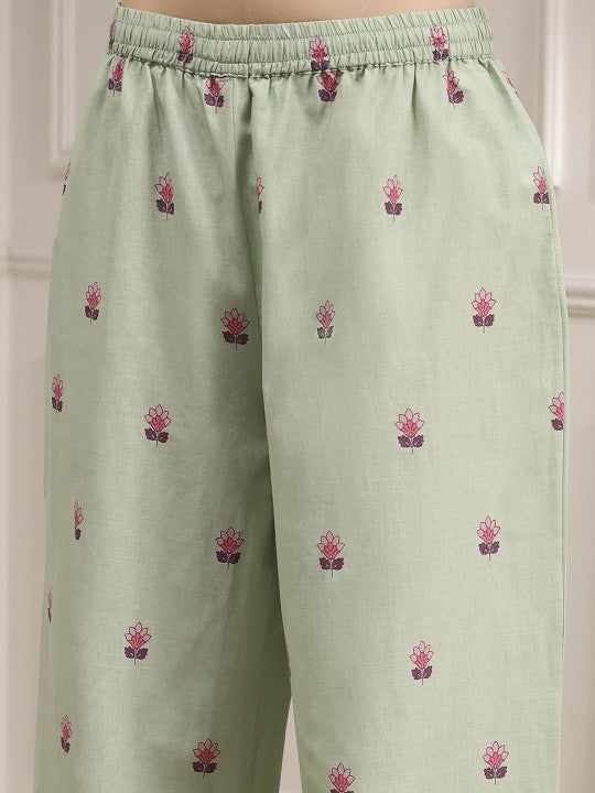 Biba Floral Printed Round Neck Pure Cotton Straight Kurta With Palazzos & Dupatta