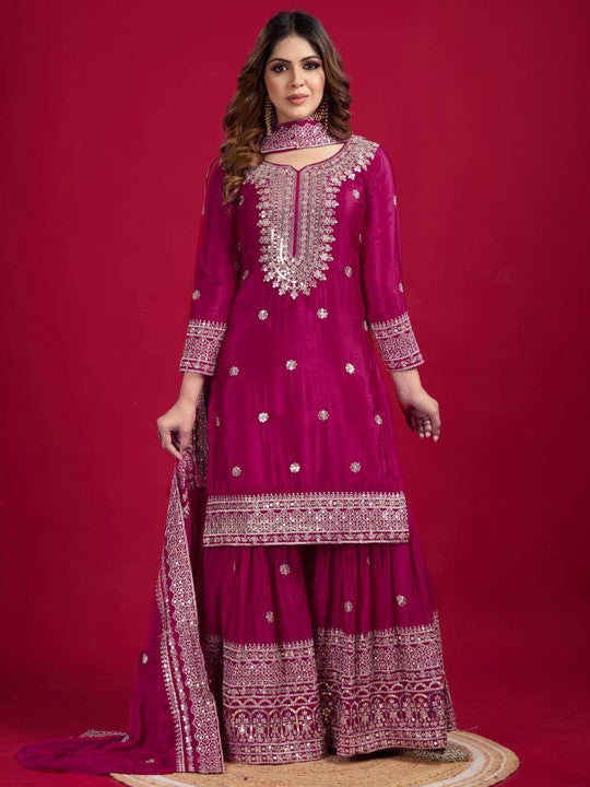 FVD Women Ethnic Motifs Embroidered Tiered Mirror Work Kurta & Sharar With Dupatta