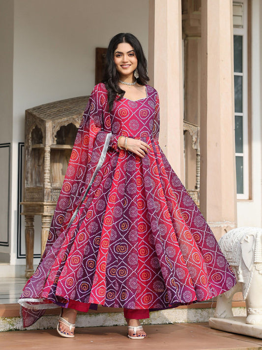 ASHEERA Women Bandhani Printed Angrakha Gotta Patti Kurta with Trousers & With Dupatta
