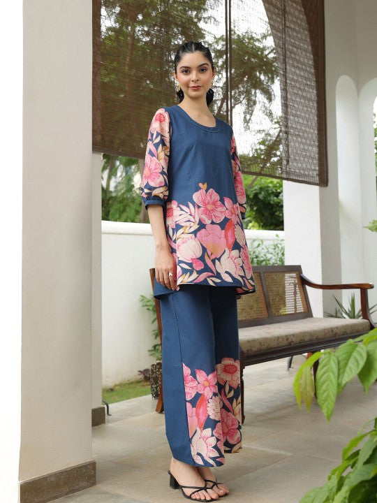 Floral Printed Pure Cotton Tunic With Trousers
