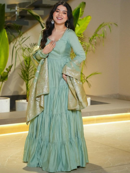 BAHU PALACE Tiered Pure Roman Chanderi Silk Anarkali Kurta