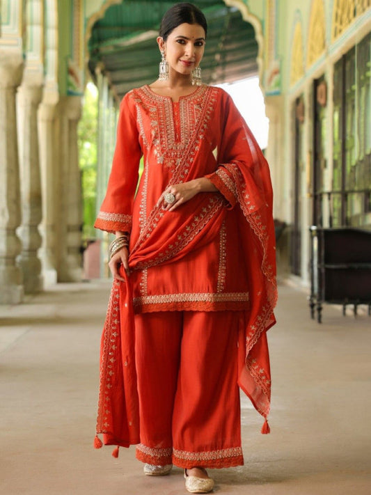AUTUMN LANE Women Embroidered Regular Sequinned Kurta with Palazzos & Dupatta