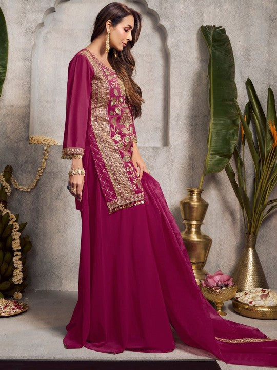Inddus Floral Embroidered Sequinned Kurta With Palazzos & Dupatta