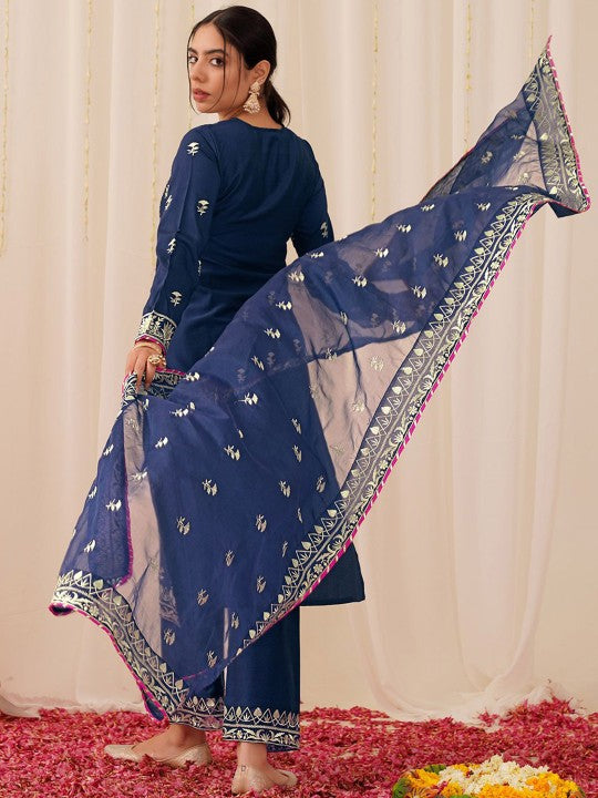 House of Pataudi Floral Embroidered Notch Neck Straight Kurta