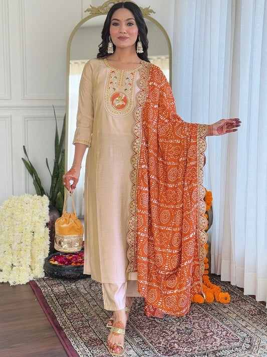 Floral Yoke Design Sequinned Straight Kurta With Trousers & Dupatta
