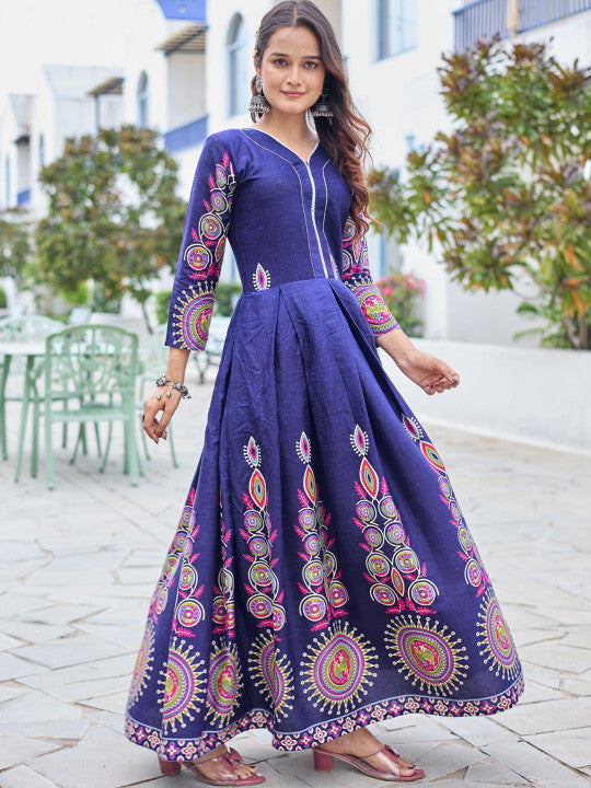 Floral Printed V-Neck Fit And Flare Ethnic Dresses
