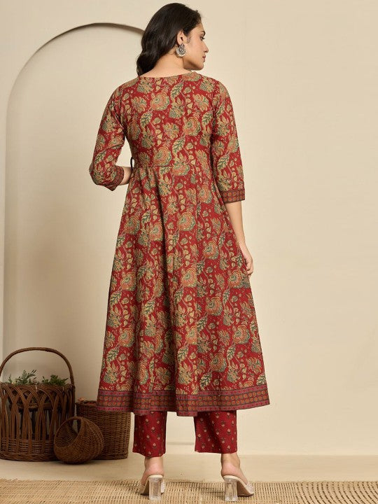 Do Dhaage Floral Printed V-Neck Angrakha Pure Cotton Anarkali Kurta With Trouser & Dupatta