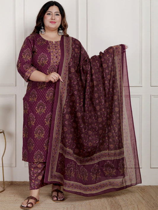 Swasti Women Cotton Maroon Ethnic Motifs Printed Regular Kurta Set